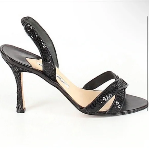 Manolo Blahnik Black Sequin Kitten Heels Sandals Stiletto Sz 37.5 7.5 - Picture 2 of 8